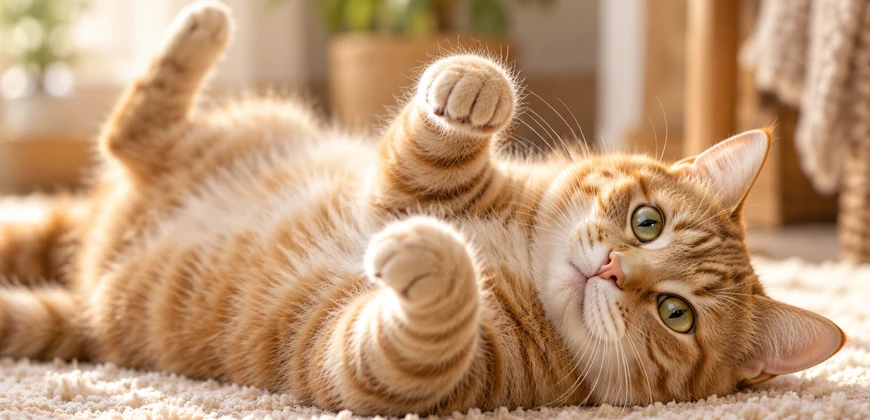 Speelse rood-witte kat die op de rug ligt