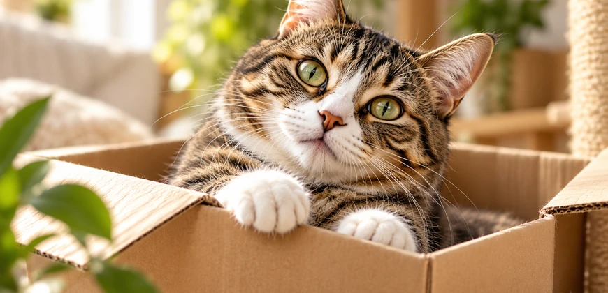 Nieuwsgierige gestreepte kat in een kartonnen doos